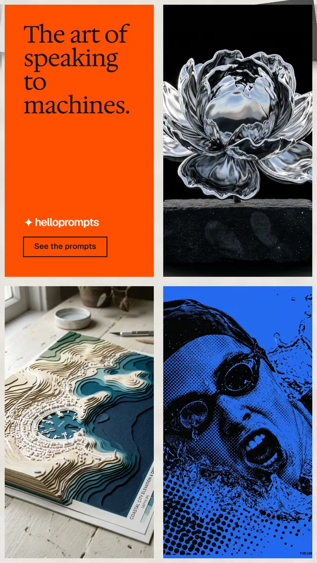 Instagram story for HelloPrompts: "The art of speaking to machines." Editorial style, collage layout, dark palette in black, red, grey.