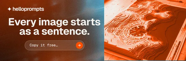 X header for HelloPrompts: "Every image starts as a sentence." Agentic glass style, skeleton layout, dark palette in orange, brown.