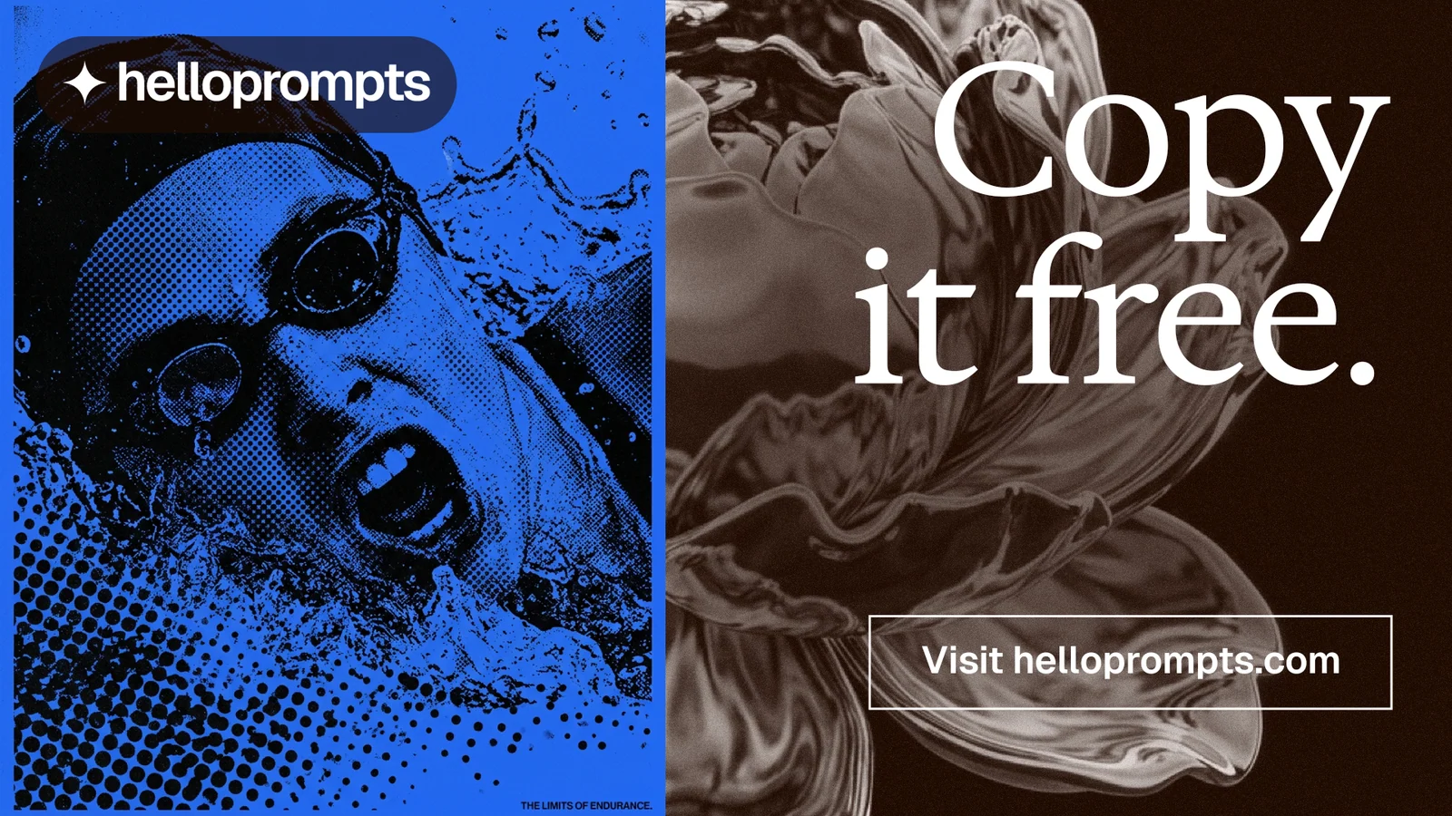 Landscape graphic for HelloPrompts: "Copy it free." Editorial style, right layout, dark palette in black, blue, grey.