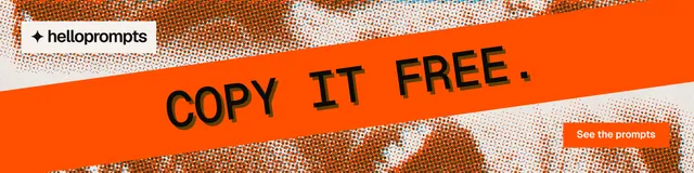 LinkedIn banner for HelloPrompts: "Copy it free." Retro print style, diagonal layout, light palette in orange.