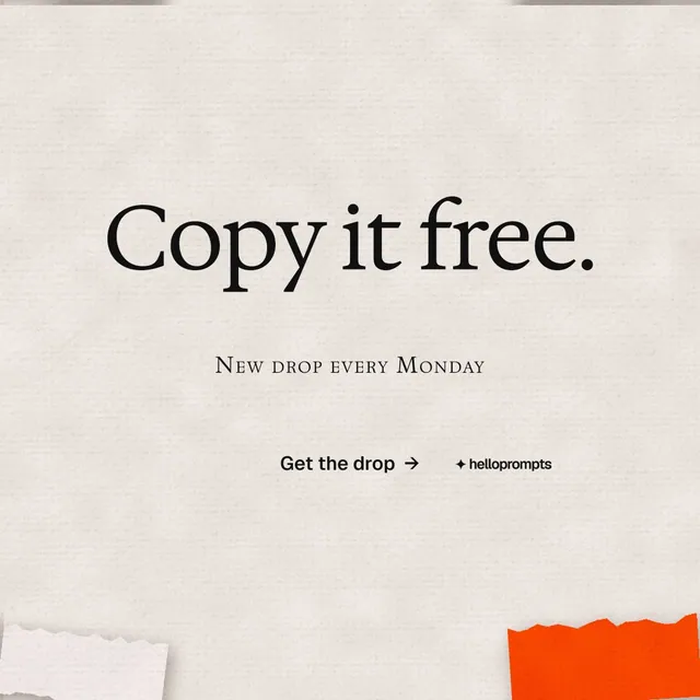 Instagram post for HelloPrompts: "Copy it free." Editorial style, smallcaps layout, light palette in orange.