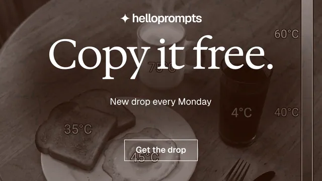 Landscape graphic for HelloPrompts: "Copy it free." Editorial style, centred layout, dark palette in grey, orange.