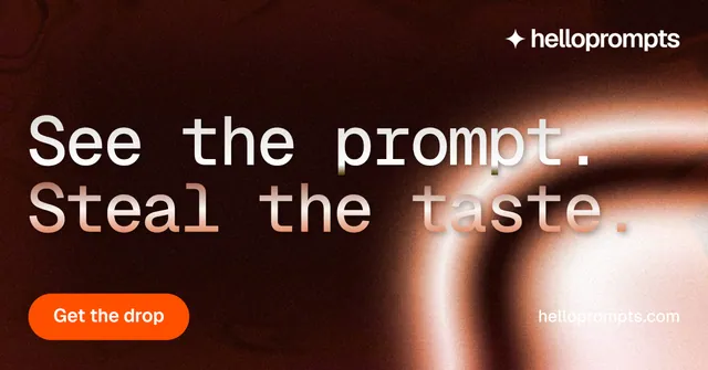 Social ad for HelloPrompts: "See the prompt. Steal the taste." Y2K style, poster layout, dark palette in red, black.