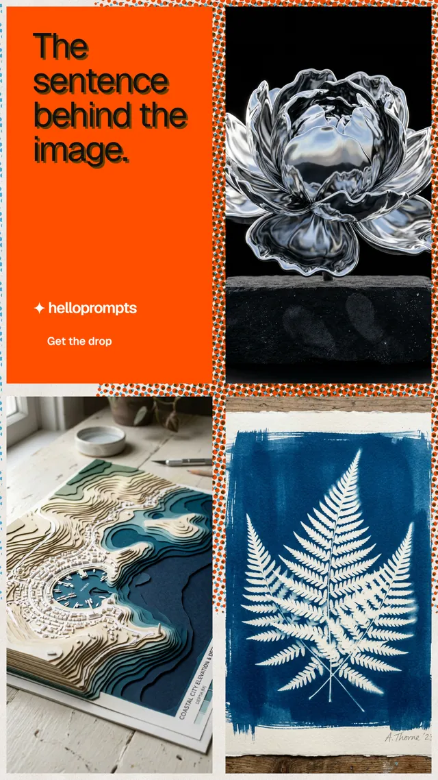 Instagram story for HelloPrompts: "The sentence behind the image." Swiss style, collage layout, dark palette in blue, orange, grey.
