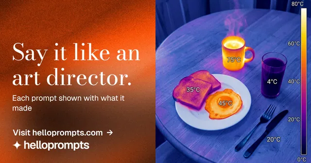 Social ad for HelloPrompts: "Say it like an art director." Minimal luxury style, bottom layout, dark palette in red, purple, blue.