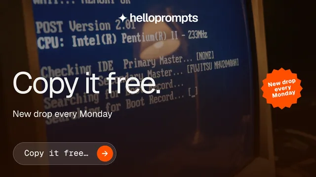 Landscape graphic for HelloPrompts: "Copy it free." Agentic glass style, sticker layout, dark palette in black, grey.