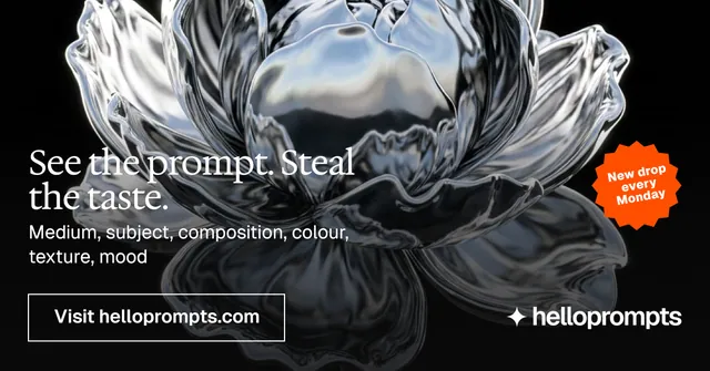 Social ad for HelloPrompts: "See the prompt. Steal the taste." Editorial style, sticker layout, dark palette in black, grey.
