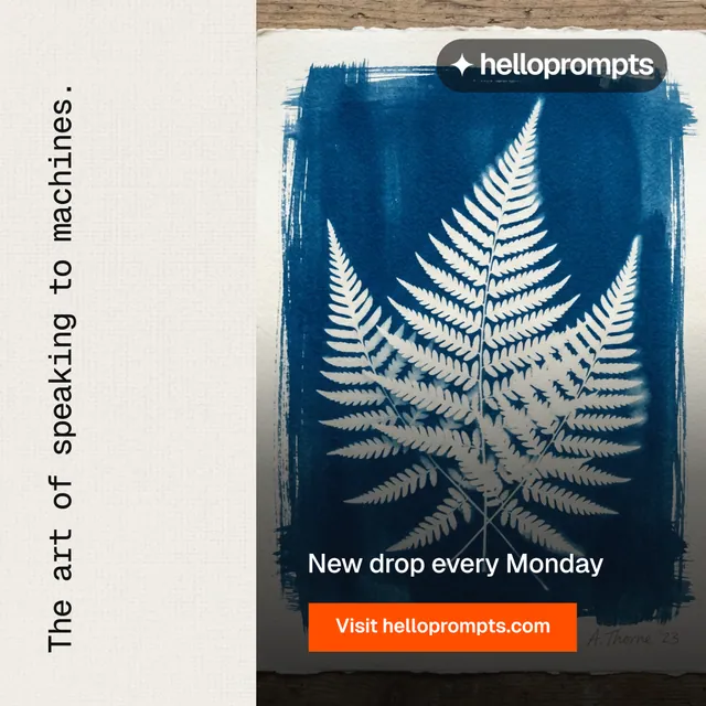 Instagram post for HelloPrompts: "The art of speaking to machines." Swiss style, vertical layout, light palette in blue, yellow, grey.