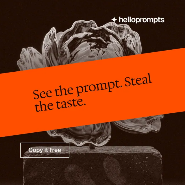 Instagram post for HelloPrompts: "See the prompt. Steal the taste." Editorial style, diagonal layout, dark palette in orange, black, brown.