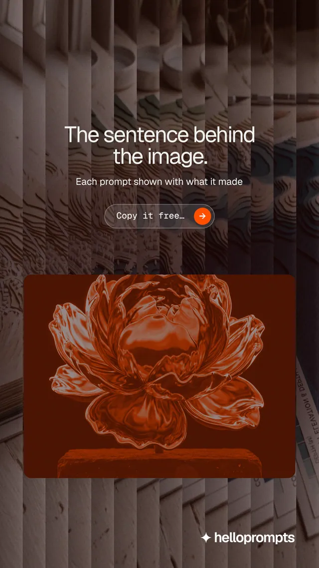 Instagram story for HelloPrompts: "The sentence behind the image." Agentic glass style, centred layout, dark palette in red, orange, grey.
