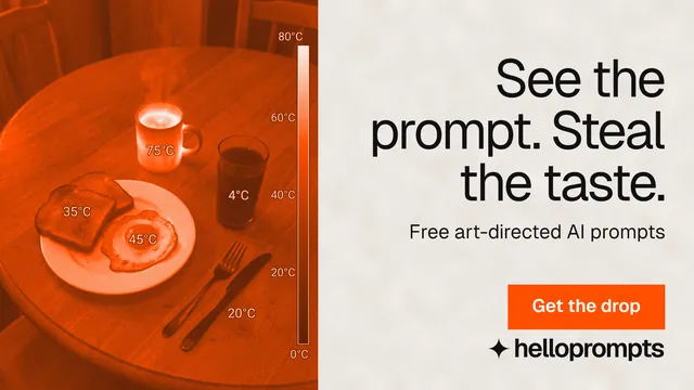 Landscape graphic for HelloPrompts: "See the prompt. Steal the taste." Swiss style, right layout, light palette in orange.