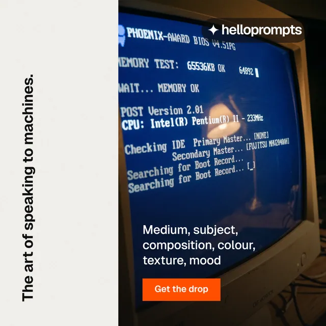 Instagram post for HelloPrompts: "The art of speaking to machines." Swiss style, vertical layout, light palette in white, blue, black.