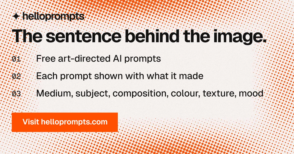 Social ad for HelloPrompts: "The sentence behind the image." Swiss style, numbered layout, light palette in orange, white.