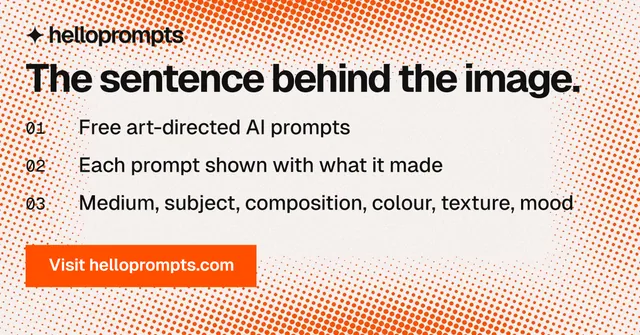Social ad for HelloPrompts: "The sentence behind the image." Swiss style, numbered layout, light palette in orange, white.