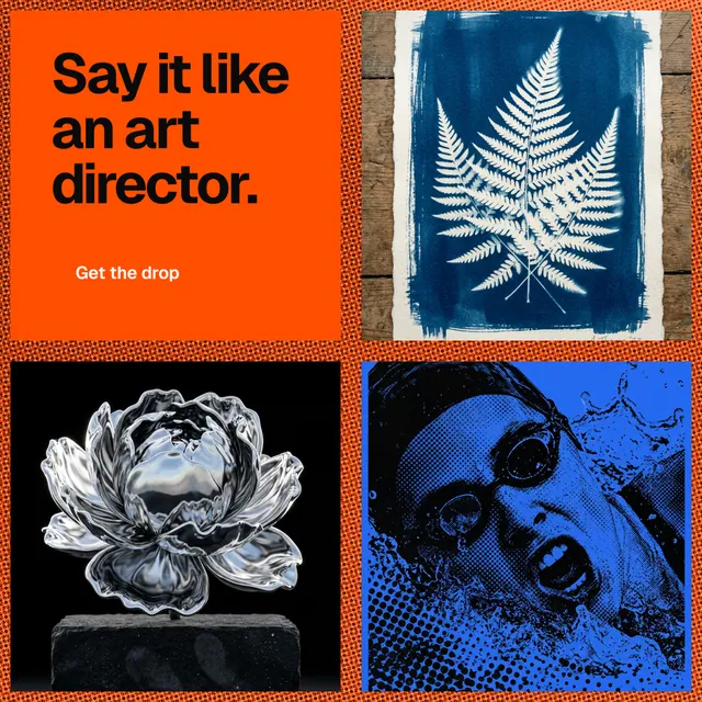 Instagram post for HelloPrompts: "Say it like an art director." Swiss style, collage layout, dark palette in orange, black, grey.