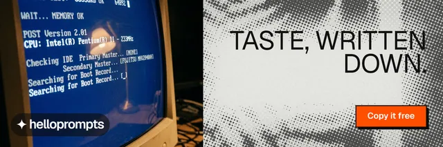X header for HelloPrompts: "Taste, written down." Brutalist style, right layout, light palette in blue, grey, white.
