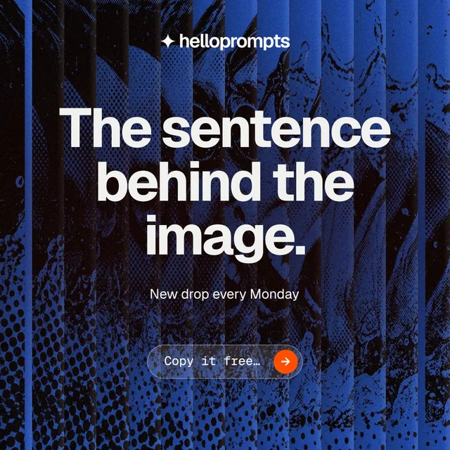 Instagram post for HelloPrompts: "The sentence behind the image." Agentic glass style, centred layout, dark palette in blue, black, grey.