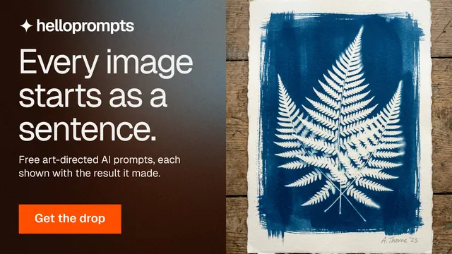 Landscape graphic for HelloPrompts: "Every image starts as a sentence." Swiss style, bottom layout, dark palette in orange, grey, blue.