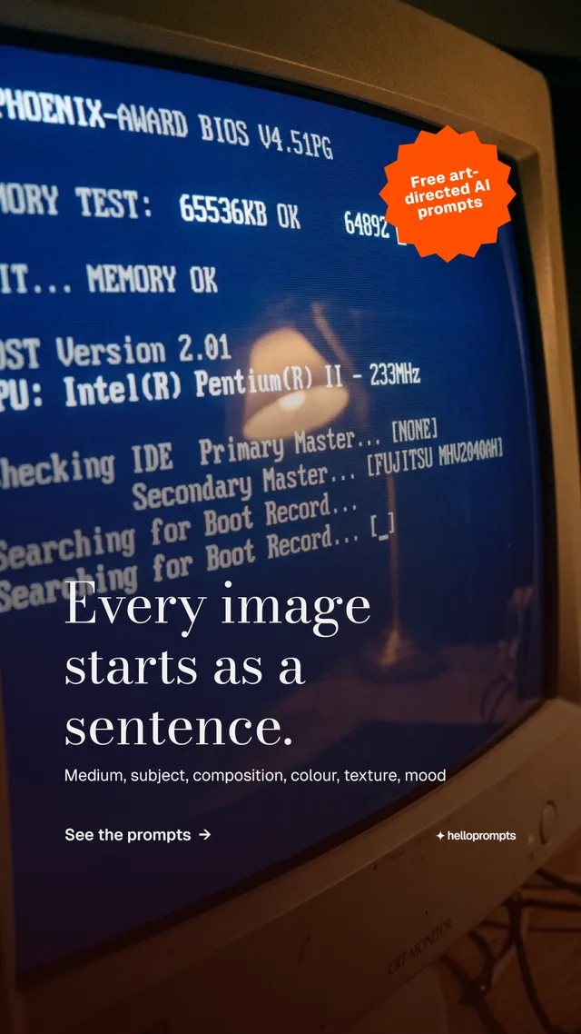 Instagram story for HelloPrompts: "Every image starts as a sentence." Minimal luxury style, sticker layout, dark palette in blue, red, grey.
