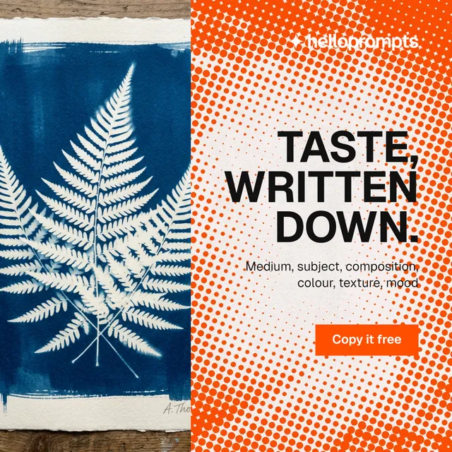 Instagram post for HelloPrompts: "Taste, written down." Swiss style, right layout, light palette in orange, blue.