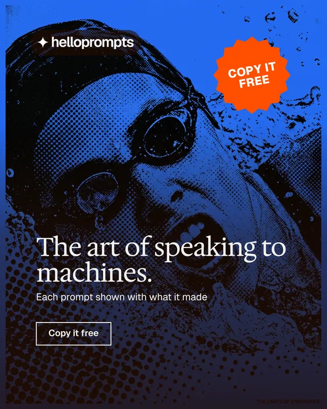 Instagram portrait post for HelloPrompts: "The art of speaking to machines." Editorial style, sticker layout, dark palette in blue, black.