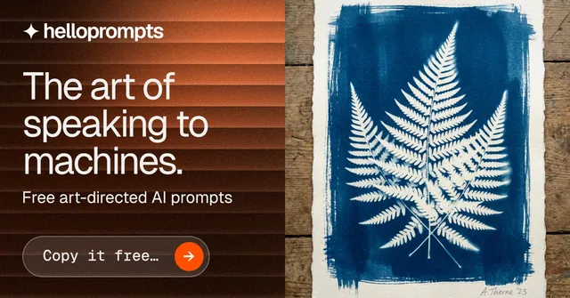 Social ad for HelloPrompts: "The art of speaking to machines." Agentic glass style, bottom layout, dark palette in orange, grey, blue.