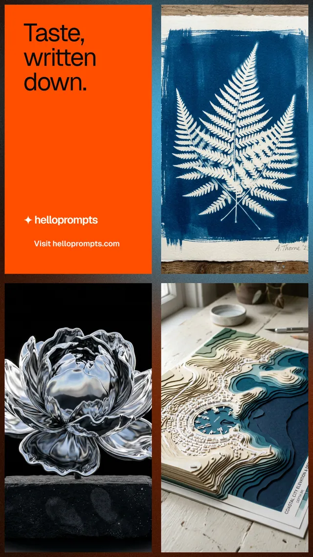 Instagram story for HelloPrompts: "Taste, written down." Swiss style, collage layout, dark palette in black, brown, grey.