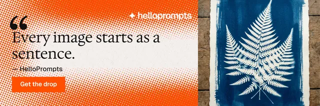 X header for HelloPrompts: "Say it like an art director." Swiss style, quote layout, light palette in orange, blue, white.