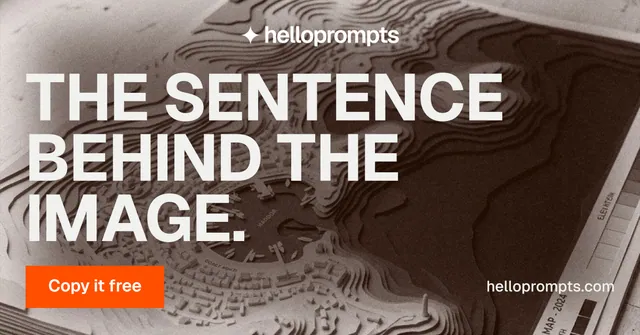 Social ad for HelloPrompts: "The sentence behind the image." Swiss style, poster layout, dark palette in orange, grey, white.