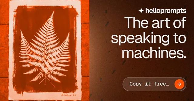 Social ad for HelloPrompts: "The art of speaking to machines." Agentic glass style, right layout, dark palette in orange.