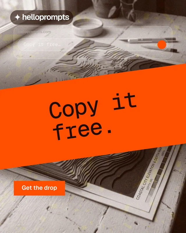 Instagram portrait post for HelloPrompts: "Copy it free." Swiss style, diagonal layout, light palette in orange, grey.