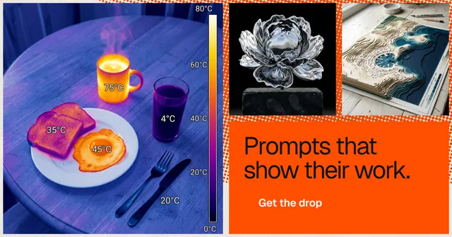 Social ad for HelloPrompts: "Prompts that show their work." Swiss style, collage layout, dark palette in blue, grey, red.