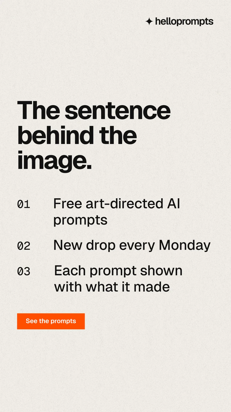 Instagram story for HelloPrompts: "The sentence behind the image." Swiss style, numbered layout, light palette in yellow, grey, white.