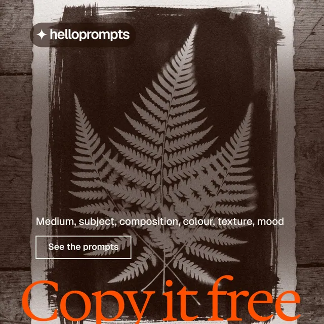 Instagram post for HelloPrompts: "Copy it free." Editorial style, oversized layout, dark palette in orange, black, grey.