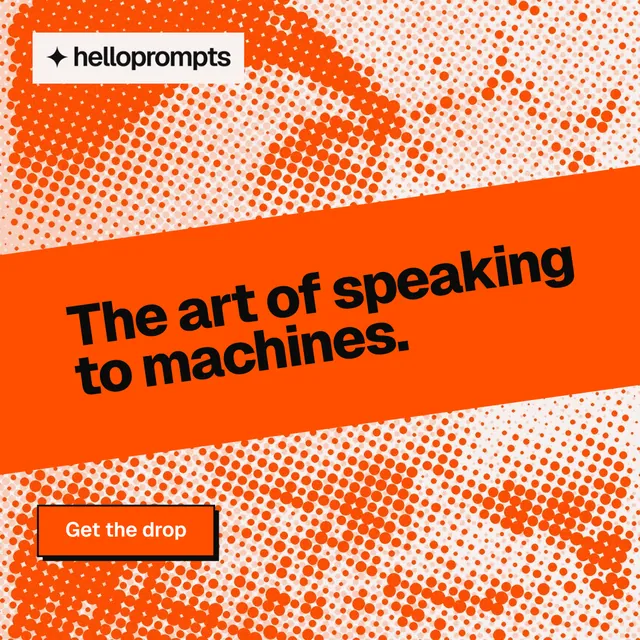 Instagram post for HelloPrompts: "The art of speaking to machines." Brutalist style, diagonal layout, light palette in orange.