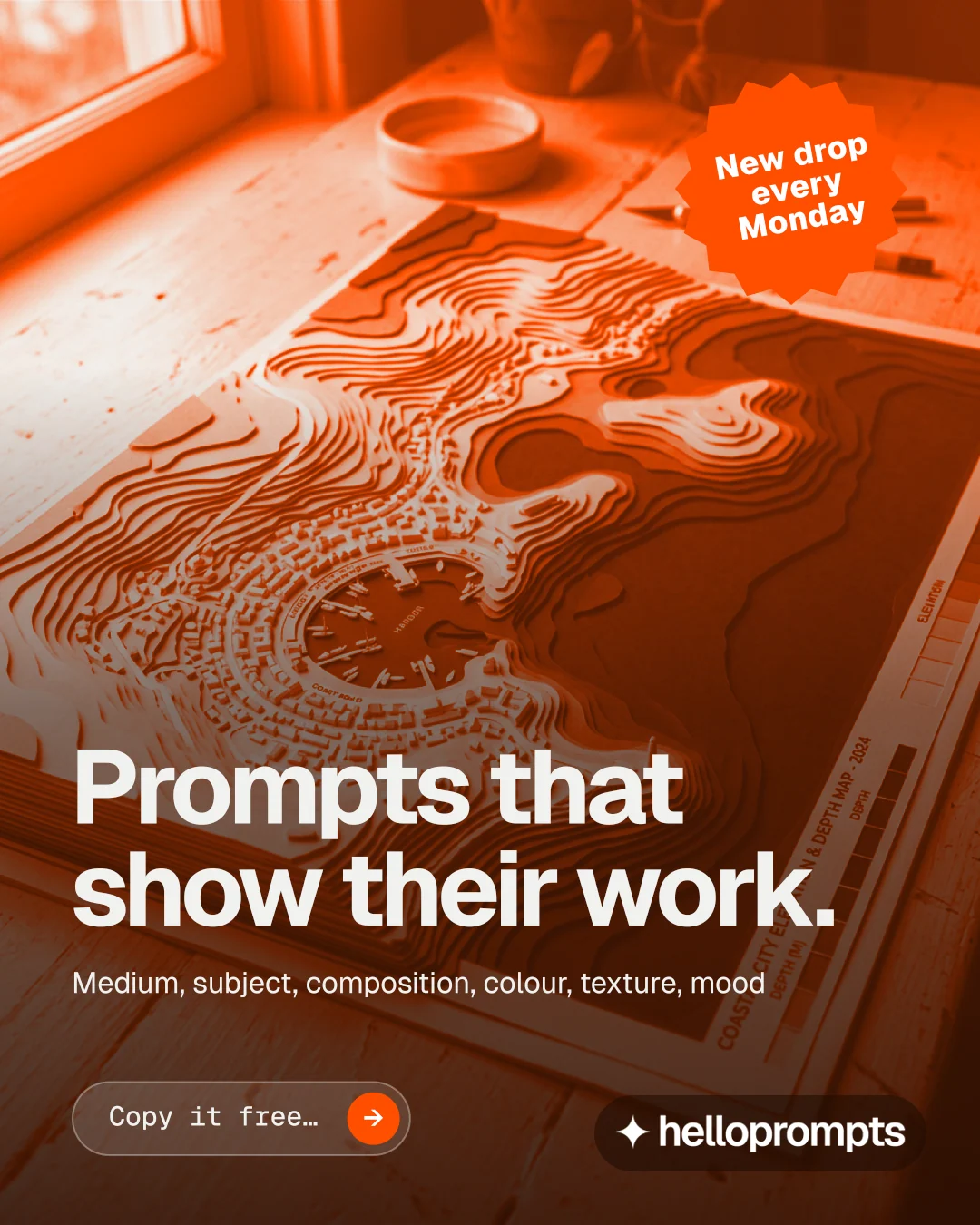 Instagram portrait post for HelloPrompts: "Prompts that show their work." Agentic glass style, sticker layout, dark palette in brown, orange.