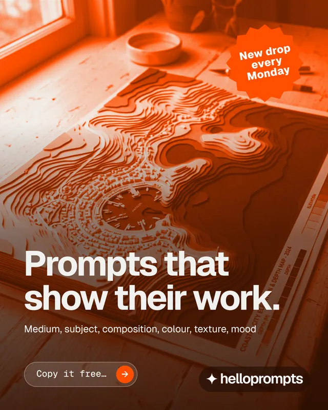 Instagram portrait post for HelloPrompts: "Prompts that show their work." Agentic glass style, sticker layout, dark palette in brown, orange.