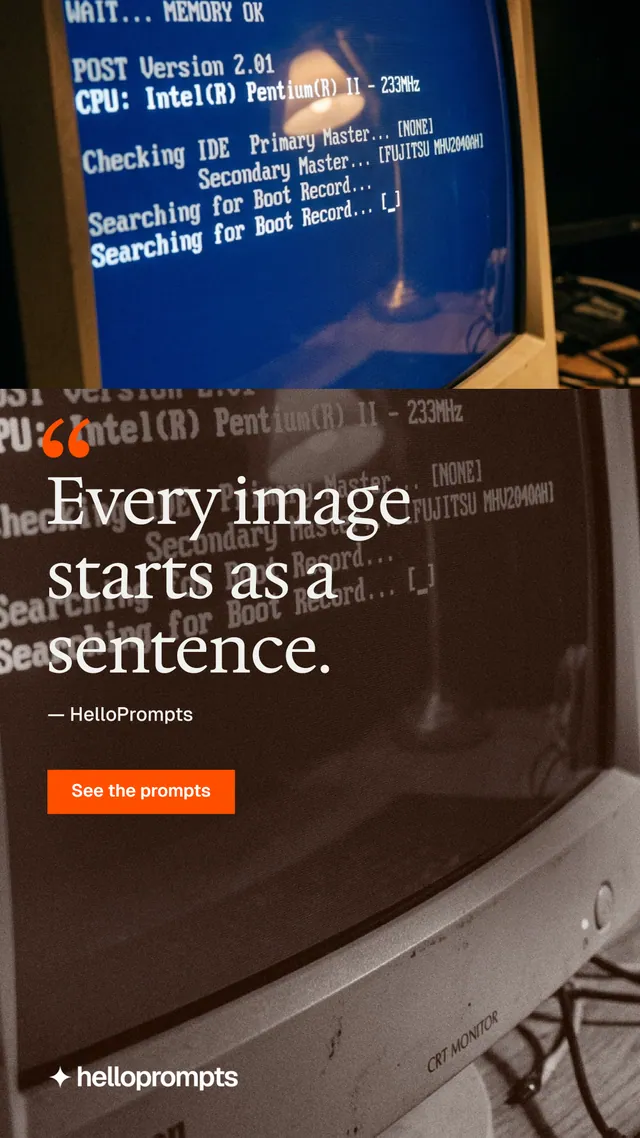 Instagram story for HelloPrompts: "Prompts that show their work." Swiss style, quote layout, dark palette in orange, grey, blue.