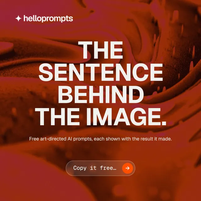 Instagram post for HelloPrompts: "The sentence behind the image." Agentic glass style, centred layout, dark palette in red, orange.