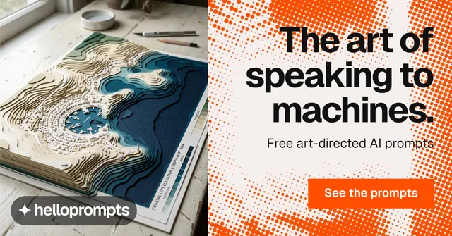 Social ad for HelloPrompts: "The art of speaking to machines." Split block style, right layout, light palette in orange, white.