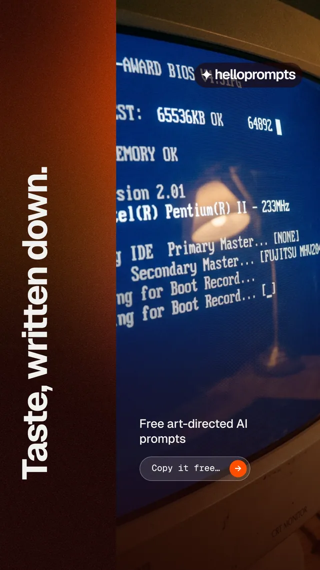 Instagram story for HelloPrompts: "Taste, written down." Agentic glass style, vertical layout, dark palette in orange, purple, black.