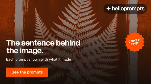 Landscape graphic for HelloPrompts: "The sentence behind the image." Swiss style, sticker layout, dark palette in black, orange, brown.