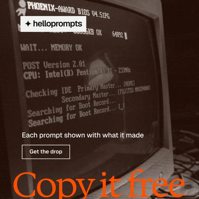 Instagram post for HelloPrompts: "Prompts that show their work." Editorial style, oversized layout, dark palette in orange, black.