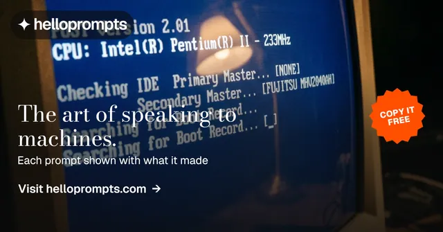 Social ad for HelloPrompts: "The art of speaking to machines." Minimal luxury style, sticker layout, dark palette in blue, grey, black.