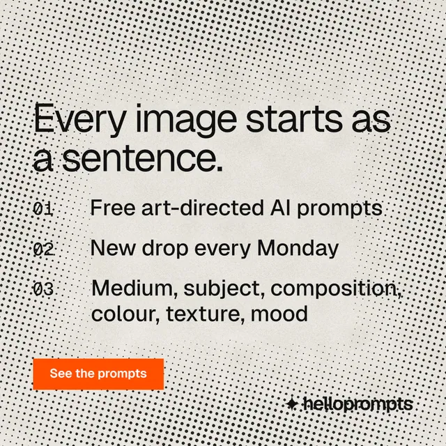 Instagram post for HelloPrompts: "Every image starts as a sentence." Swiss style, numbered layout, light palette in grey, white.