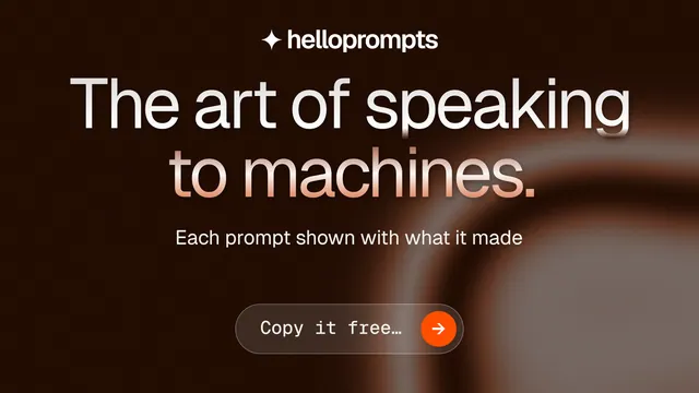 Landscape graphic for HelloPrompts: "The art of speaking to machines." Agentic glass style, centred layout, dark palette in black, grey, orange.