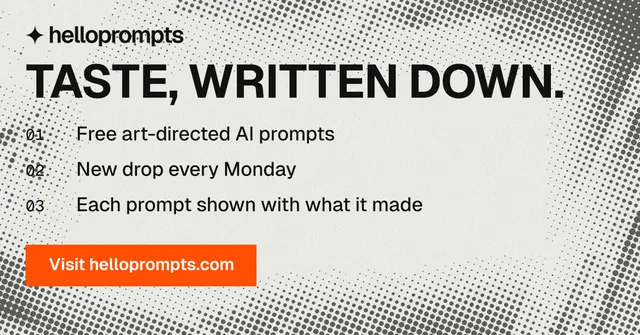 Social ad for HelloPrompts: "Taste, written down." Swiss style, numbered layout, light palette in white, grey.