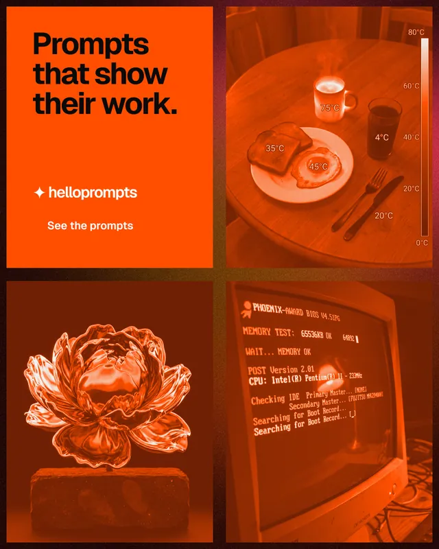 Instagram portrait post for HelloPrompts: "Prompts that show their work." Swiss style, collage layout, dark palette in orange.