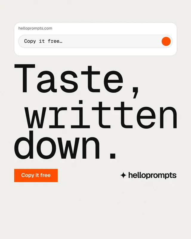 Instagram portrait post for HelloPrompts: "Taste, written down." Swiss style, stacked layout, light palette in white, grey.