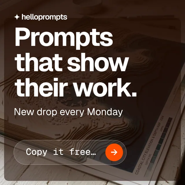 Instagram post for HelloPrompts: "Prompts that show their work." Agentic glass style, skeleton layout, dark palette in orange, black, grey.